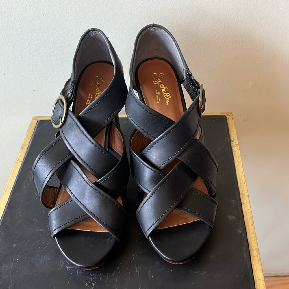 Women’s Seychelles black/brown leather strapped chunky heel. Size 8 1/2